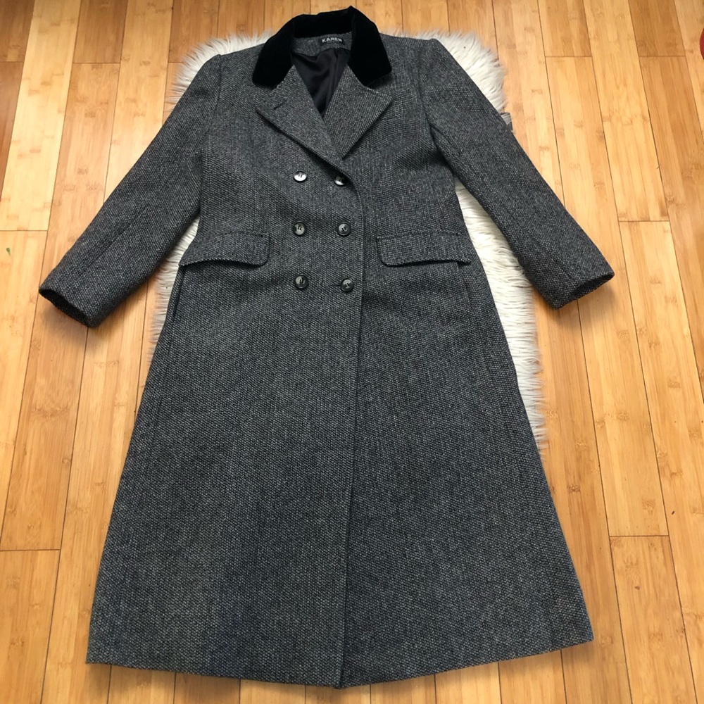 Vintage Karen 100% Wool Double Breasted Velvet Collar Gray Long Trench Coat M/L